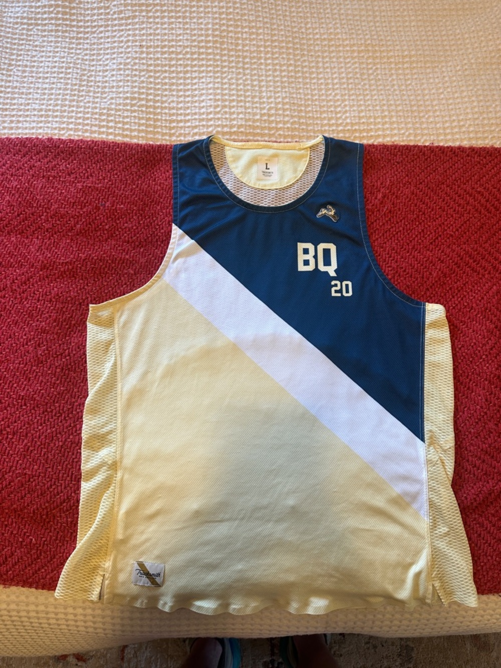 Tracksmith Blue, White & Pale Yellow BQ 20 Running Singlet